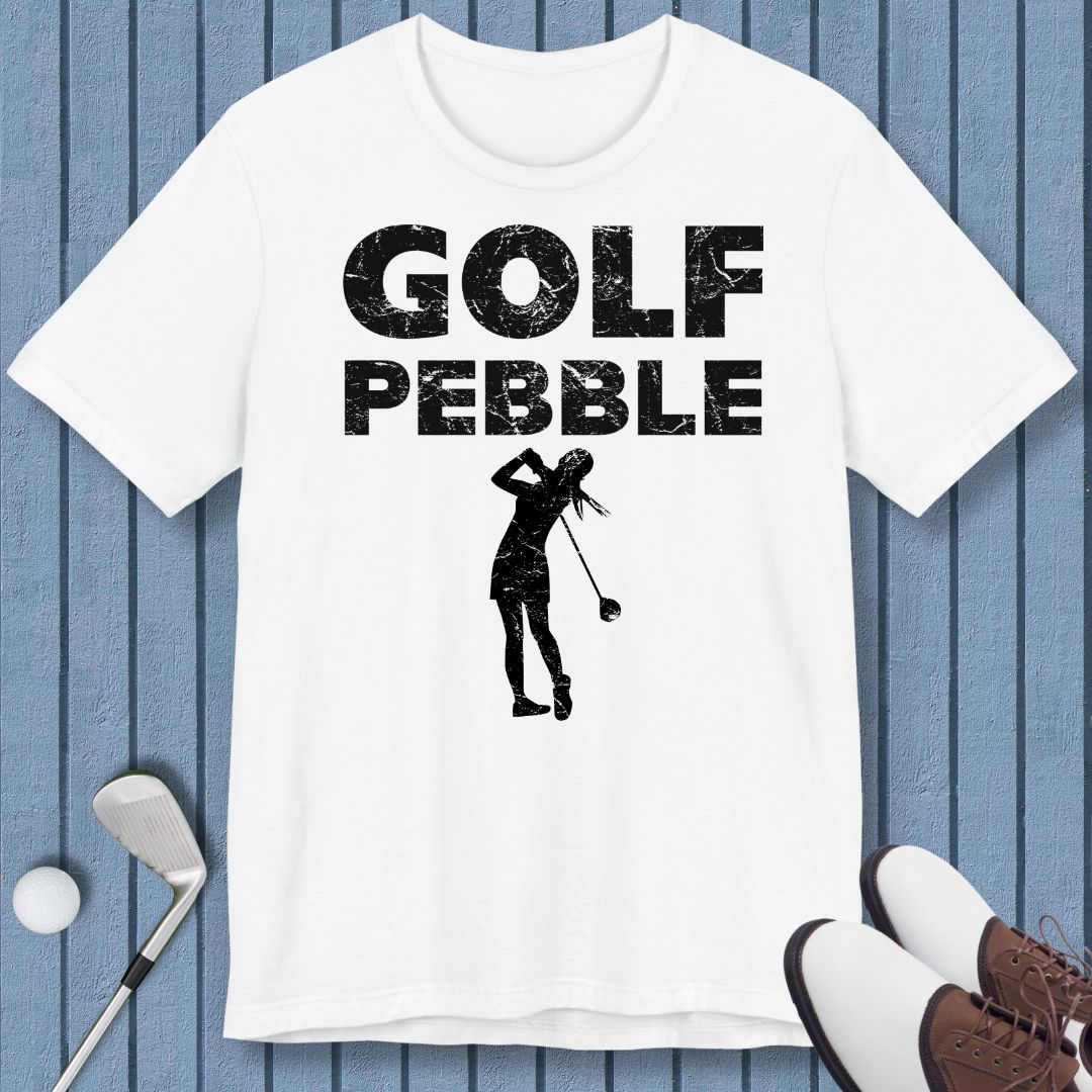 Golf Pebble - Female T-shirt in White, great for casual wear. Find more fun golf focused products at oneforetheages.com