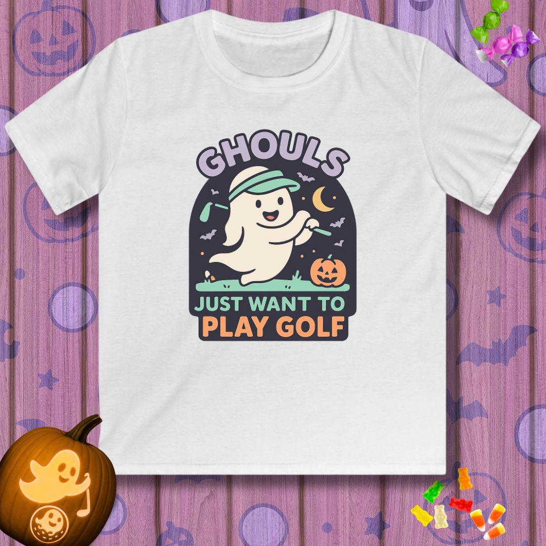 Ghouls Just Wanna Play Golf - Halloween - Youth Golf T-Shirt in White, great for casual wear. Find more fun golf focused products at oneforetheages.com