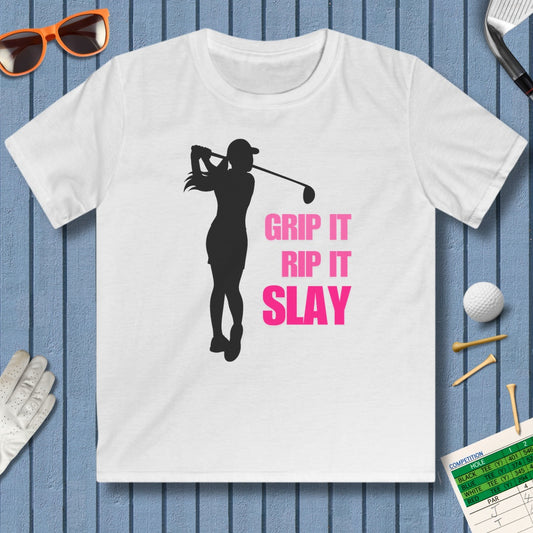 GRIP IT, RIP IT, SLAY (Female) - Youth Golf T-Shirt in White