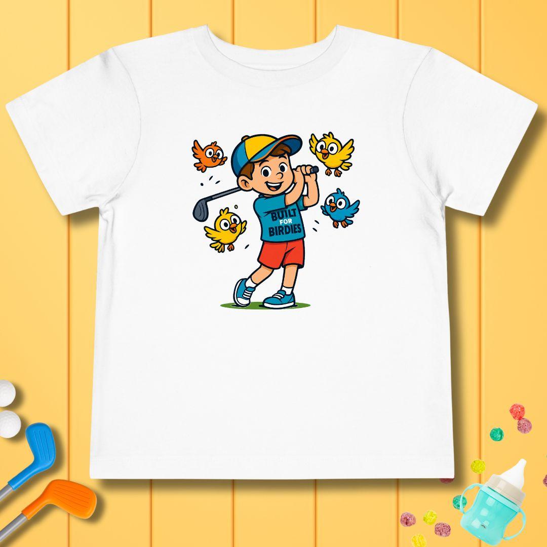 Built for Birdies Toddler T-Shirt in White, great for casual wear. Find more fun golf focused products at oneforetheages.com