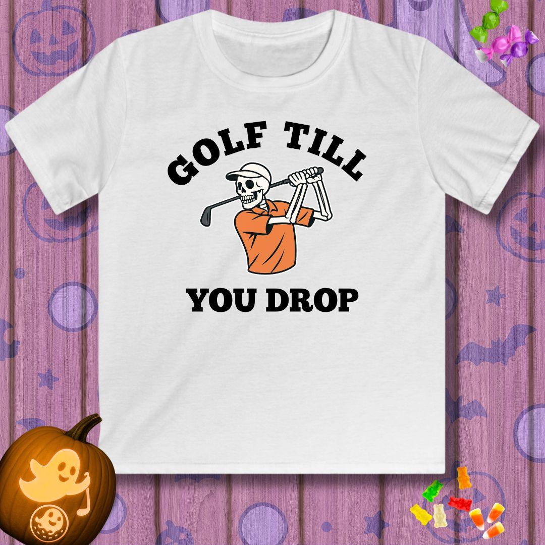 Golf Till You Drop - Youth Halloween T-shirt in White, great for casual wear. Find more fun golf focused products at oneforetheages.com