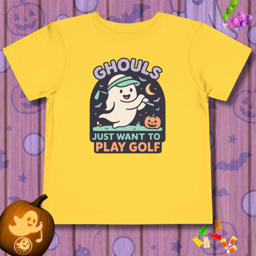 GHOULS Just want to Play Golf - Halloween - Toddler T-Shirt in Yellow, great for casual wear. Find more fun golf focused products at oneforetheages.com