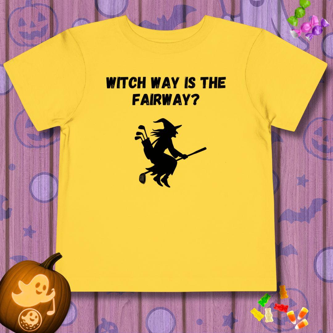 Witch Way is the Fairway? - Toddler Halloween T-shirt in Yellow, great for casual wear. Find more fun golf focused products at oneforetheages.com